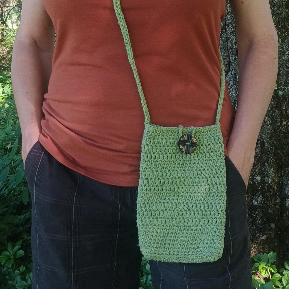 Handmade Hand Crochet Sage Green Cotton Blend Crossbody Cell Phone Bag